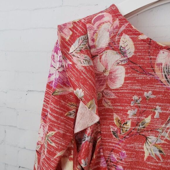LC Lauren Conrad Floral Knit Top M Burnt Orange Red Ruffle Accent Long Sleeve - Picture 3 of 7